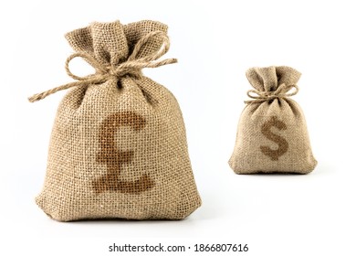 Two Full Bags Of Money, Isolated In Perspective On A White Background. Pounds And Dollars. Burlap. The Concept Of Perspective.