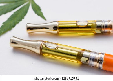 Two full gram cannabis oil vape pens. THC/CBD extract oil and terpenes inside glass cartridges. An alternative method of smoking marijuana, medical & recreational.