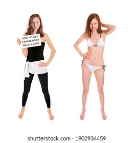 Two full length portraits of an athletic slim woman holding a placard and wearing a bikini, how to get a bikini body really fast is written on the paper, isolated on white studio background