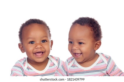 Two funny babies laughing isolated on a white background