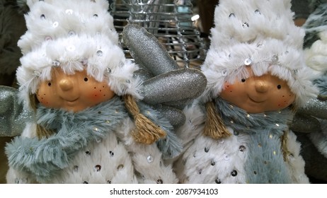 Two Funny Cheerful Smiling Snow Maiden Gnome Elves In Winter Fur Hat. Crafters Virtual Christmas Fair. Cute Handmade Gift Toy. Happy New Year. Xmas Collection. Sewing Angel Doll. Traditional Festival.