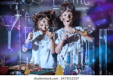 Two funny dirty children doing chemical experiments in the laboratory. Big explosion in the laboratory. Education. - Powered by Shutterstock