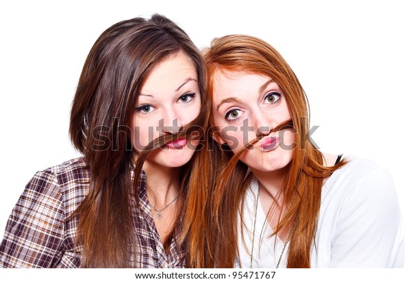 Two Funny Girls Making Mustache Their Stockfoto Jetzt