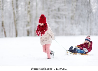 Two Funny Little Girls Having Fun With A Sleight In Beautiful Winter Park. Cute Children Playing In A Snow. Winter Activities For Kids.