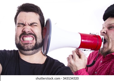 Two Funny Men With Megaphone
