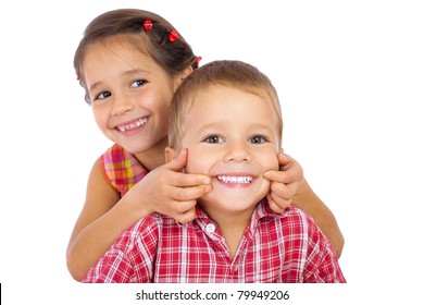 Two Funny Smiling Little Children, Showing Their Teeth, Isolated On White