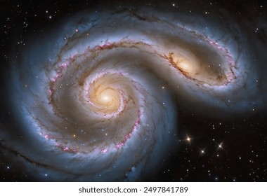 Two galaxies in the process of colliding, with stars, gas, and dust being pulled into intricate and chaotic patterns.	 - Powered by Shutterstock