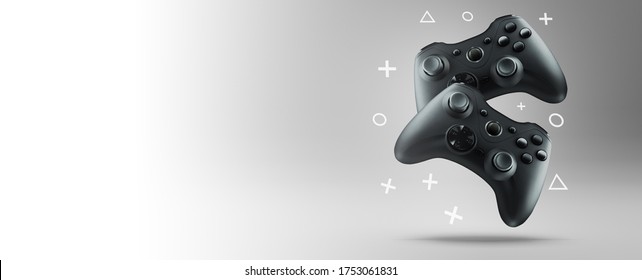 Two gamepads on a light background.
