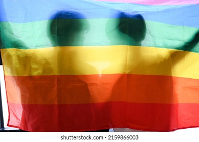 Two gay men friends holding a LGBT flag. LGBT rainbow flag with human shadow.  LGBT pride parade. - Powered by Shutterstock