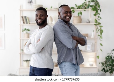 Two Generations Of Men. Happy Black Man Posing Back To Back With His Senior Father, Standing In Cozy Living Room Interior, Smiling At Camera