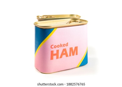 Two generic labelled food cans of cooked lunch ham isolated on white