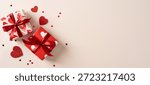Two gift box wrapped in red and white with heart motifs sits on a soft banner backdrop, inviting romance and celebration. Perfect for valentines, love, gift, and affection themes