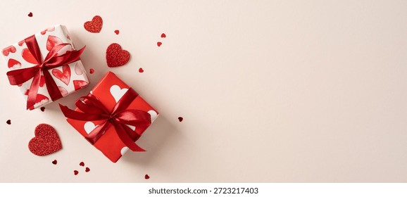 Two gift box wrapped in red and white with heart motifs sits on a soft banner backdrop, inviting romance and celebration. Perfect for valentines, love, gift, and affection themes