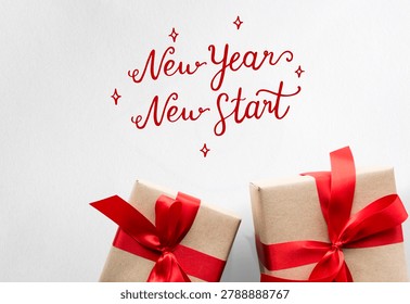 Two gift boxes wrapped in brown paper with red ribbons, placed under a festive 'New Year, New Start' message in red script on a white background.