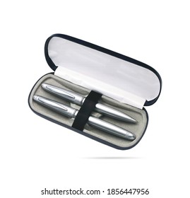 Two Gift Pens In Classy, Opened Plastic Pencil Box. Black Color And White Inside Plastic Box Packaging For Promotional Branding. 