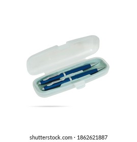 Two Gift Pens In Classy, Opened Plastic Pencil Box. White Plastic Box Packaging For Promotional Branding. 