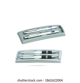 Two Gift Pens In Classy, Opened Soft Plastic Pencil Box. Plastic Box Packaging For Promotional Branding. 