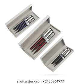 Two gift pens in classy, opened soft plastic or paper pencil box. Gift box packaging for promotional branding. Promotional gift twin pens in box. Silver, blue and red colored pens.
