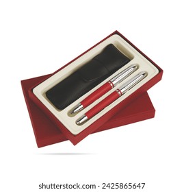 Two gift pens in classy, opened soft plastic or paper pencil box. Gift box packaging for promotional branding. Promotional gift twin red colored metal pens and black leather case in box. 