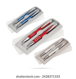 Two gift pens in classy, opened soft plastic pencil box. Gift box packaging for promotional branding. Promotional gift twin pens in box. Silver, blue and red colored pen sets.