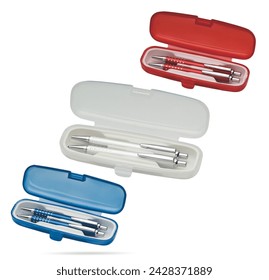 Two gift pens in classy, opened soft plastic pencil box. Gift box packaging for promotional branding. Promotional gift twin pens in box. Transparented white, blue and red colored pens.