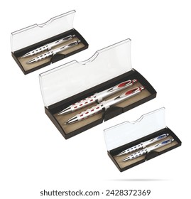 Two gift pens in classy, opened transparent plastic pencil box. Gift box packaging for promotional branding. Promotional gift twin pens in box. Silver, blue and red colored pens.