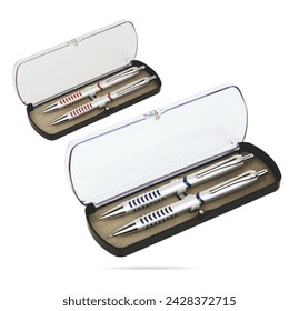Two gift pens in classy, opened transparent plastic pencil box. Gift box packaging for promotional branding. Promotional gift twin pens in box. Silver, blue and red colored pens.