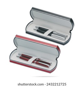 Two gift pens in classy, opened soft plastic or paper pencil box. Gift box packaging for promotional branding. Promotional gift twin pens in red and blue boxes. Silver, blue and red colored pens.
