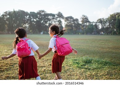 Two Girl Friend Primary School Student Walking Together