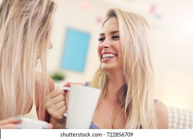 Two Girl Friends Chatting And Drinking Coffee At Home