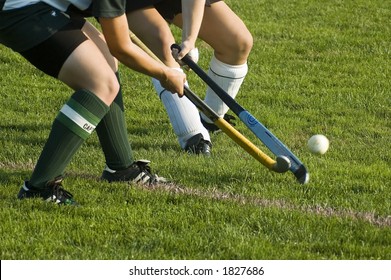 Two girls battle for control of the ball in a field hockey game.
