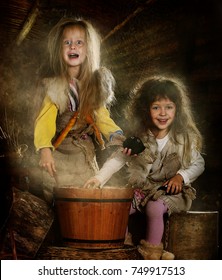 Two Girls Dress Up As Fairytale Characters, Fairytale Character Grandma Ezhka, Girls Play And Conjure
