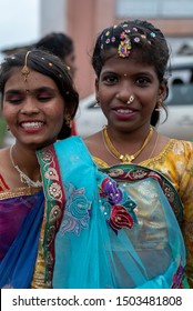 Two Girls Dressed In Traditional Marathi Festive Costumes Posing For Camera Marathwada Region Satara District Maharashtra State India
Clicked On 5 July 2018