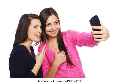 Two Girls Friends Taking Selfie With Smartphone, Isolated On White Background