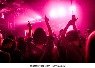 Two Girls With Hands Up At A Concert In The Music Club 