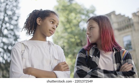 Two Girls Looking At Each Other With Hostility, Bullying, Socialization Problem At School