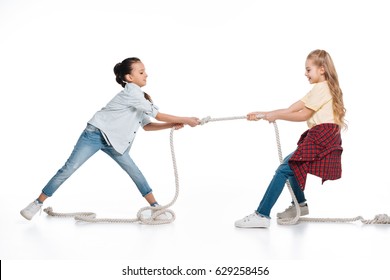 Two Girls Play Tug Of War, Kids Sport Isolated Concept