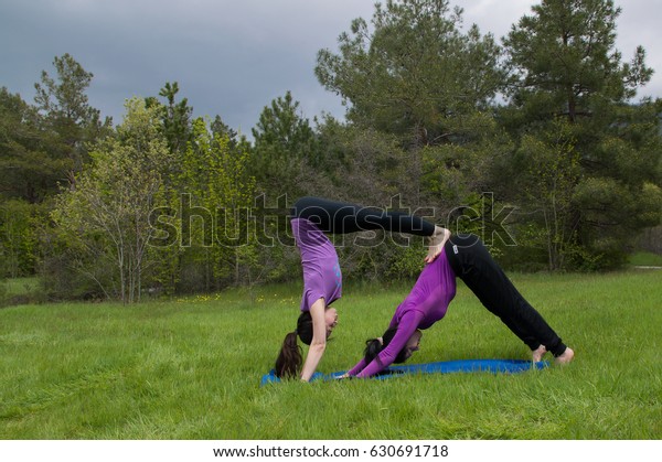 Two Girls Practice Steam Room Yoga Stock Photo Edit Now