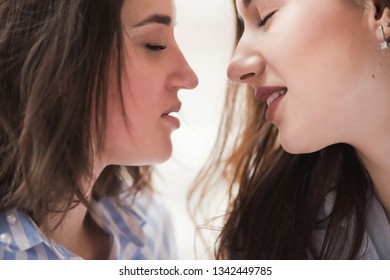 Two Girls Same Sex Going To Kiss, Close-up.