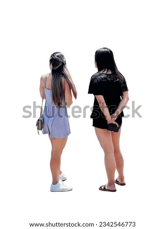 Two girls standing in short beachwear with open legs in summer outside. Cut out isolated girls on white background for 3d, renders and photo collages