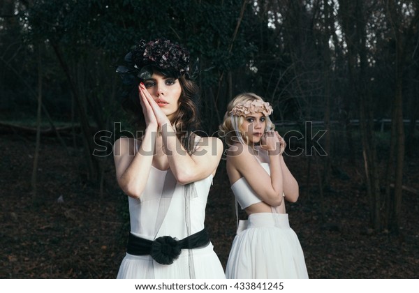 Two Girls Wedding Dresses One Bridge Stock Photo Edit Now 433841245