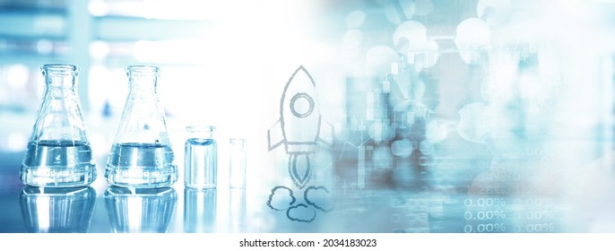 Two Glass Flask In Innovation Chemistry Science Research Lab White Blue Banner Background