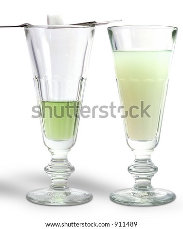 Two glasses of absinthe, one louched (cloudy).