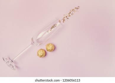 Two Glasses Of Champagne Celebration Concept Flat Lay Top View Copy Space