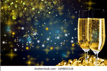 Two Glasses Of Champagne With Glitter Lights Bokeh  Background