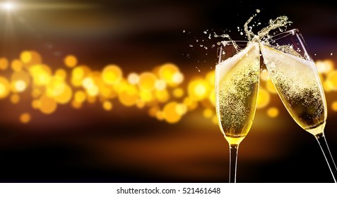 Two glasses of champagne over blur spots lights background. Celebration concept, free space for text