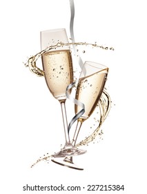 Two glasses of champagne with splash, isolated on white background