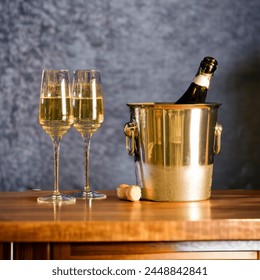 Two glasses of champagne and whiskey with an ice bucket and a bottle of wine And the bottle stopper is next to them with gray background  - Powered by Shutterstock