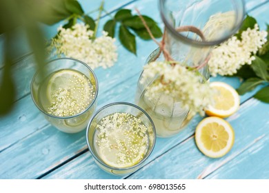 Two Glasses Of Elderflower Lemonade And Carafe, Top View