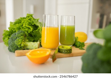 Two glasses filled with vibrant orange and green juices sit on a wooden board. Surrounding them are fresh broccoli, lettuce, and half an orange, enhancing the healthy atmosphere. - Powered by Shutterstock